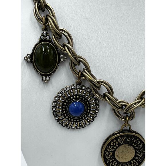 LOFT Charm Statement Disc Boho Green Blue Cabochon Medallion 
Chunky Necklace - Picture 2 of 8